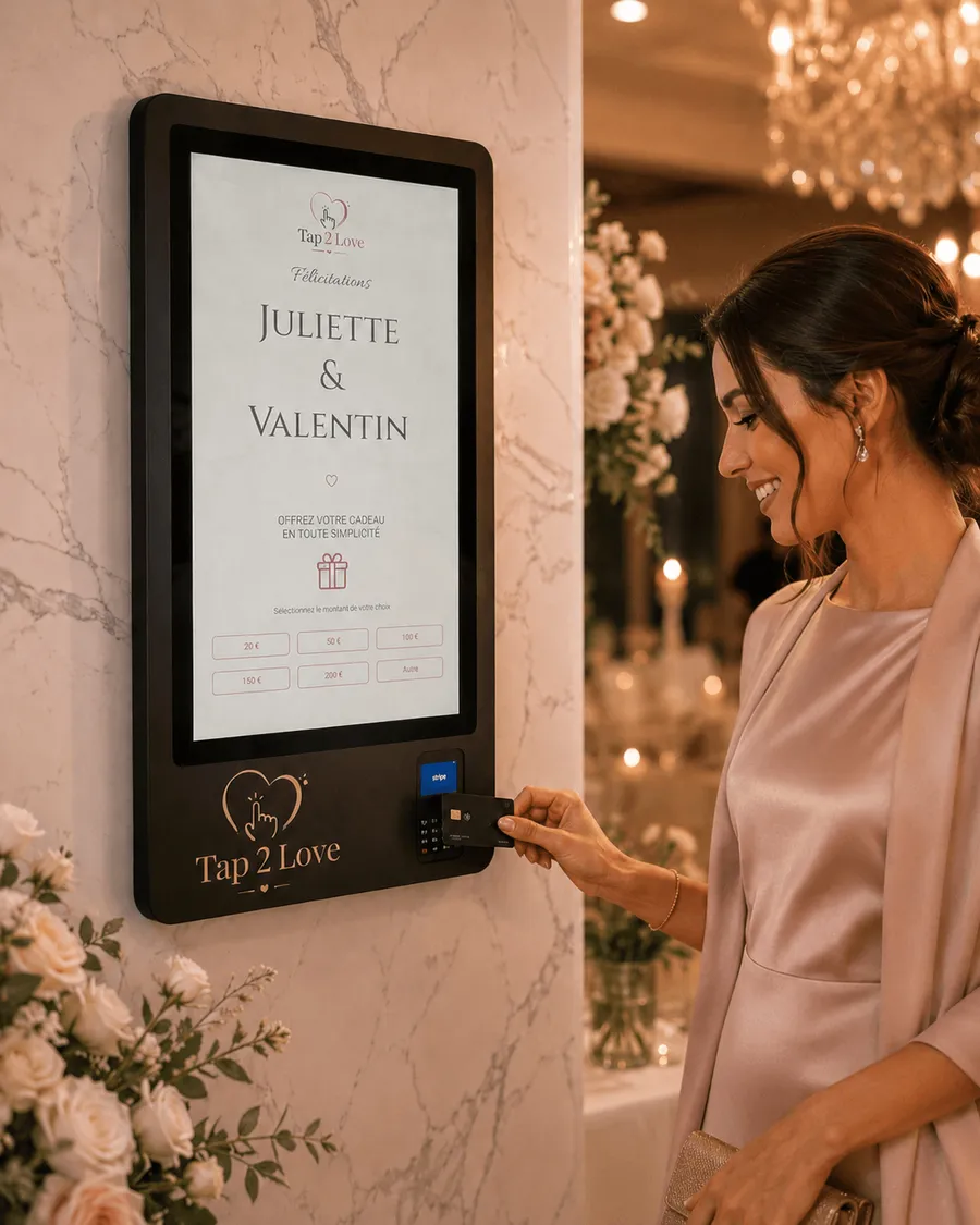 Une invitée approche sa carte bancaire de la borne Tap2Love installée dans une salle de réception