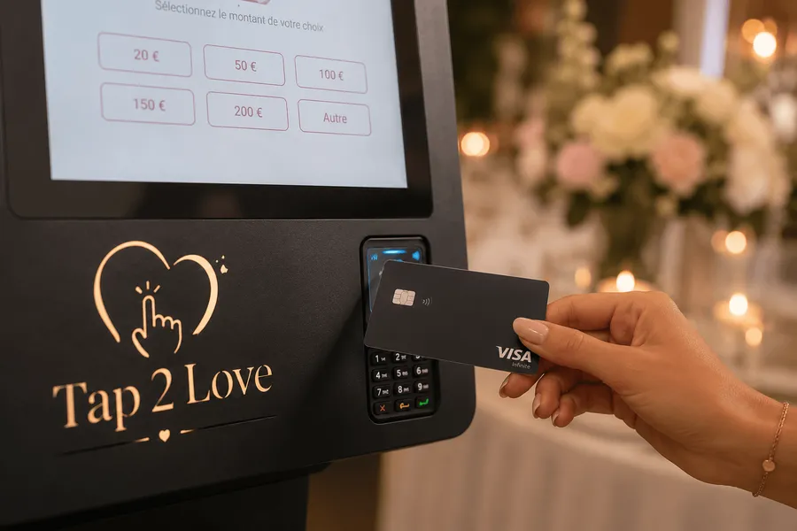Un invité approche sa carte bancaire du lecteur sans contact de la borne